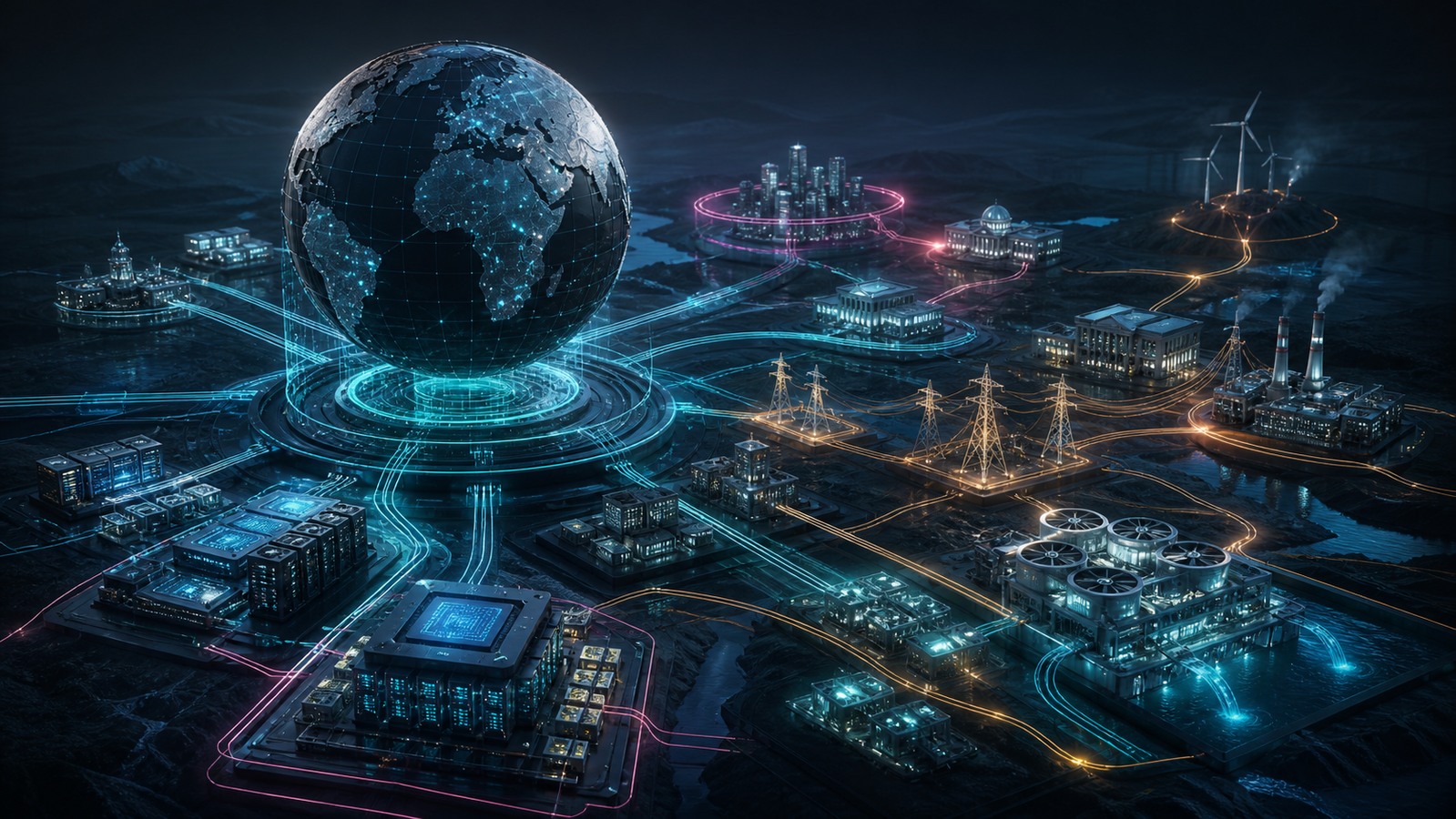 A dark editorial world map connected by luminous AI infrastructure, compute, energy, and information networks.