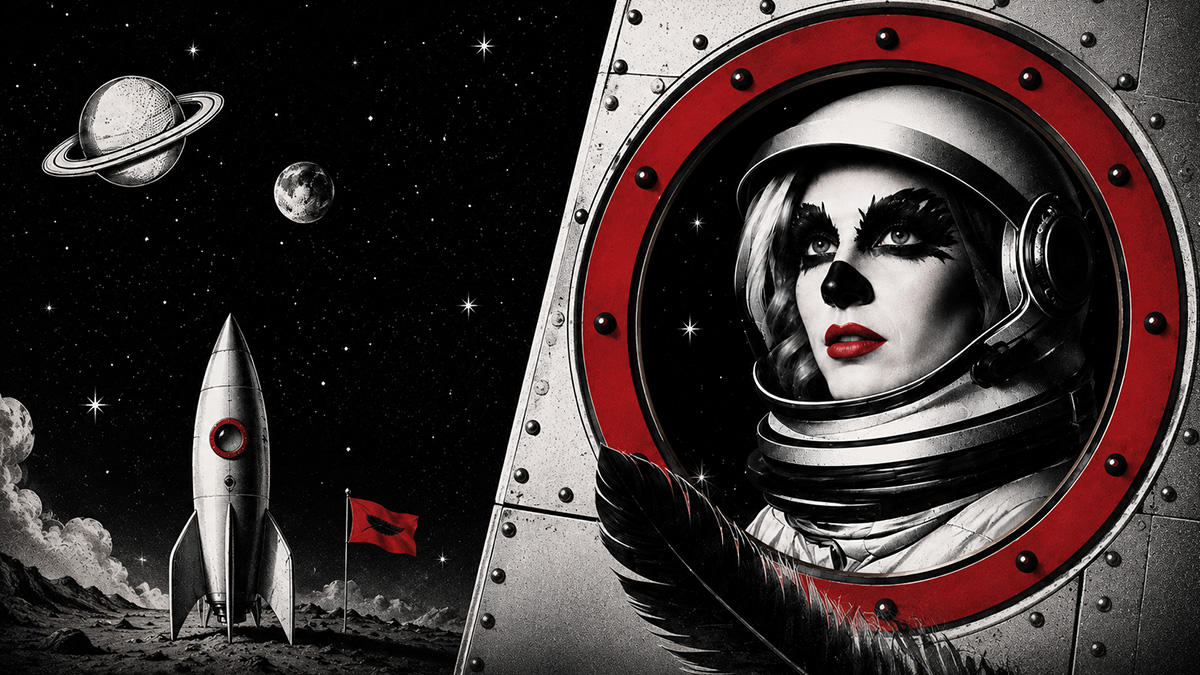 Retro-futurist Clarapetra artwork showing a monochrome astronaut portrait, lunar rocket, planets, and red accents.