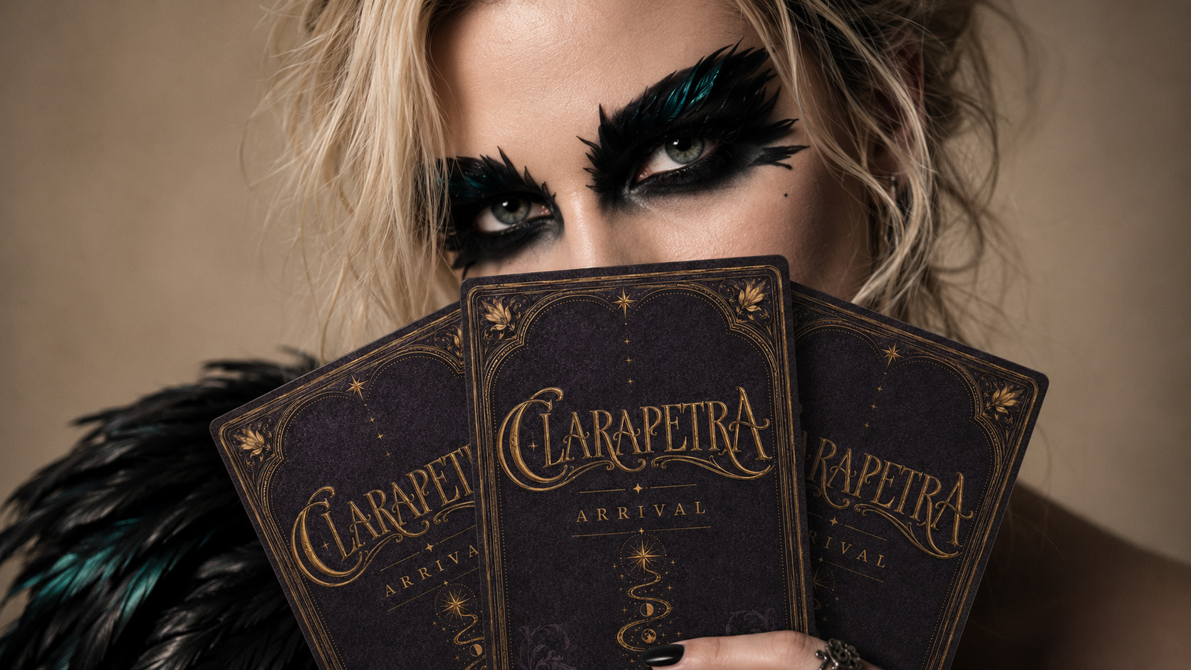 Clarapetra ARRIVAL album experience artwork with tarot cards, vinyl packaging, and a cinematic artist portrait.